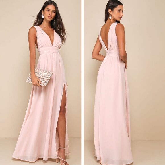 Lulus Heavenly Hues Blush Maxi Dress Size Small NWT Bridesmaid Wedding V Neck - Picture 1 of 9